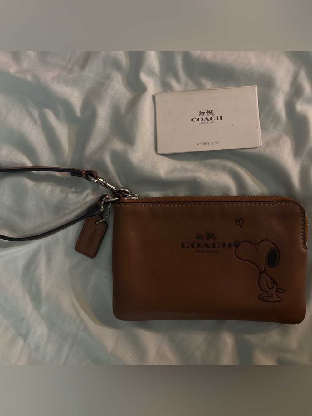 Coach Snoopy Corner Zip Wristlet Wallet Strap Saddle Brown Leather